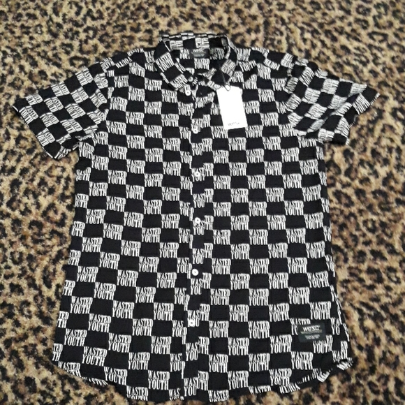 Wasted Youth Black White Graphic Logo Button Shirt WESC Sweden New Small S Mens - Picture 3 of 6